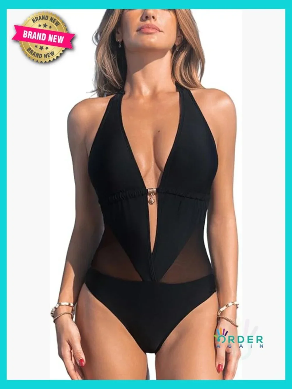 Plunging Halter One Piece Swimsuit Deep V Neck Open Back Ruched Mesh Panel